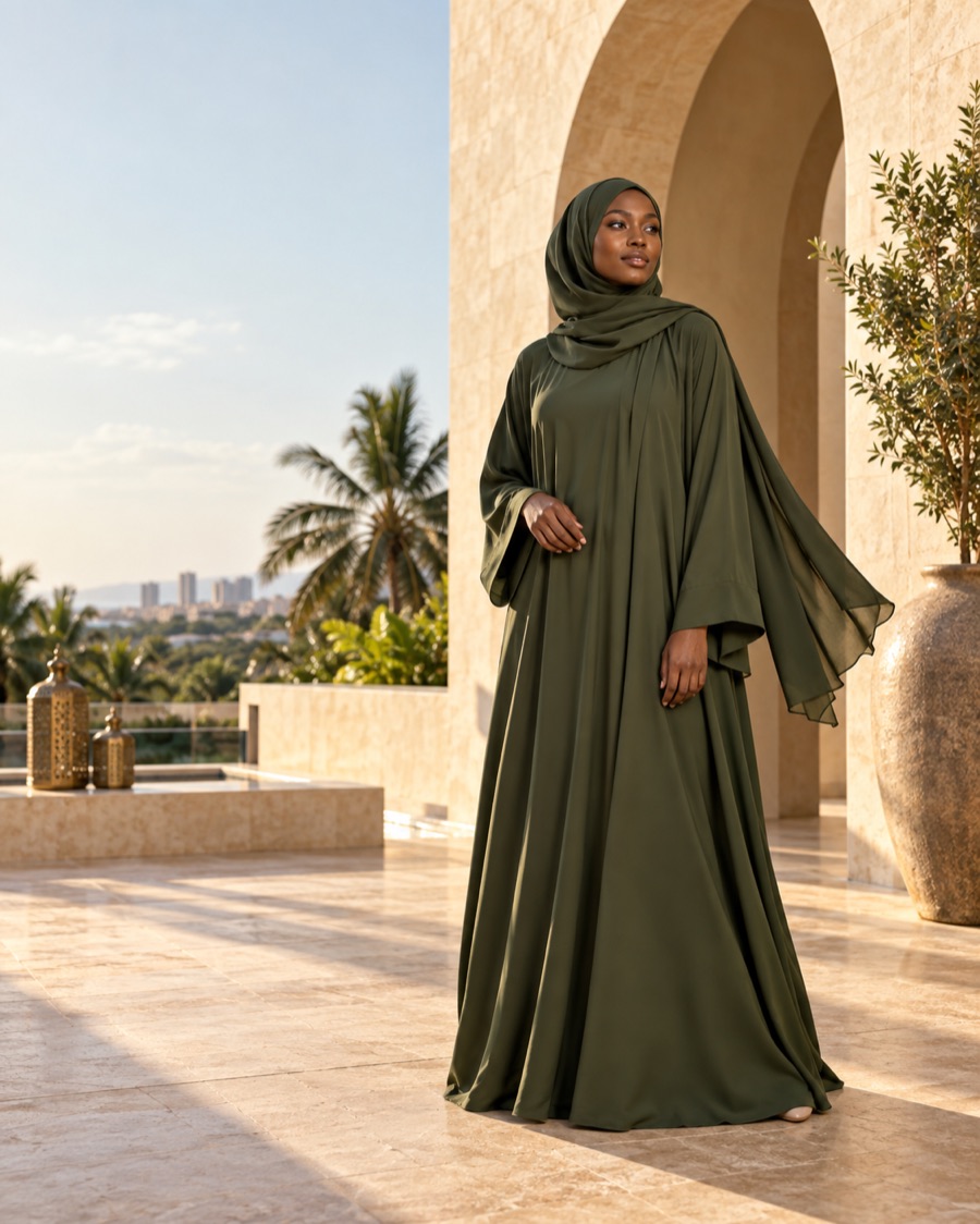 Woman wearing a flowing olive abaya in warm architectural light